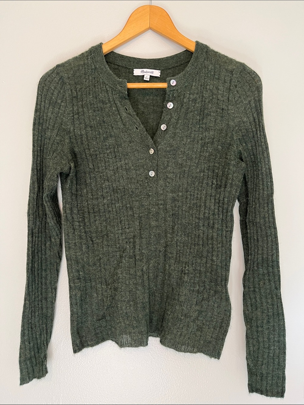 Madewell Alpaca Olive Green Ribbed V-Neck Sweater